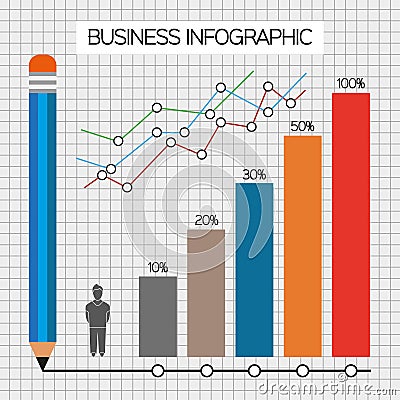 Business infographic with icons, persons, pencil and diagrams, flat design Vector Illustration