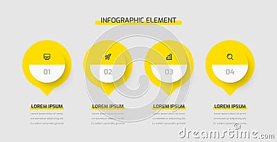 Business Infographic Presentation with Yellow Color 4 Circles, Numbers, and Icons Vector Illustration