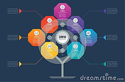 Business infographics concept with 7 active options. Tree. Template of diagram or brochure on dark background. Information chart Vector Illustration