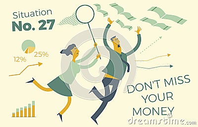 Business infographics with illustrations of business situations. Man and woman catching money with a hand and a butterfly net. Vector Illustration