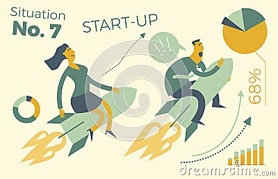 Business infographics with illustrations of business situations. A man and a woman flying a rocket up. Career growth. Sales and re Vector Illustration