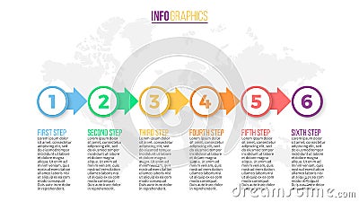 Business infographics. Presentation slide, chart, diagram with 6 steps, circles. Vector Illustration