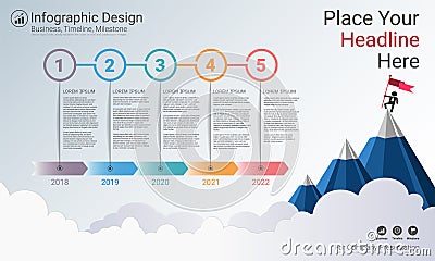 Business infographics template, Milestone timeline or Road map with Process flowchart 5 options. Vector Illustration