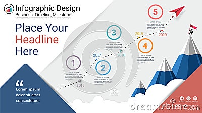 Business infographics template, Milestone timeline or Road map with Process flowchart 5 options. Vector Illustration