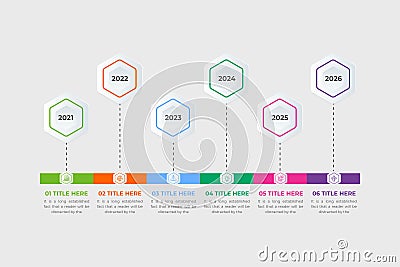 Business infographics timeline template vector with colorful geometric shapes. Integrated flowchart background. Business project Stock Photo