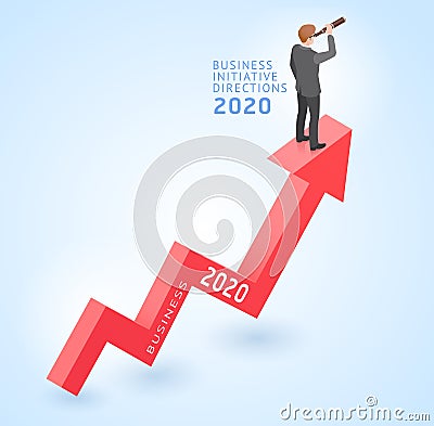 Business initiative directions conceptual isometric design vector illustrations. Businessman standing on top red arrow Vector Illustration