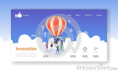 Business Innovation Landing Page Template. Creative Process Website Layout with Flat People Characters on Air Balloon Vector Illustration