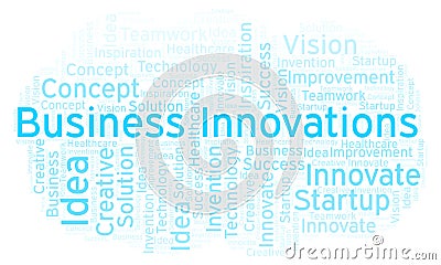 Business Innovations word cloud, made with text only. Stock Photo