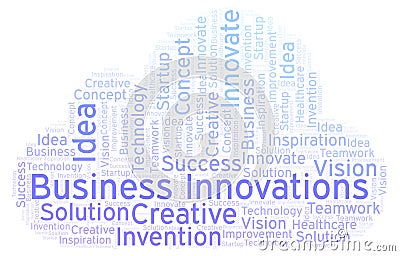 Business Innovations word cloud, made with text only. Stock Photo