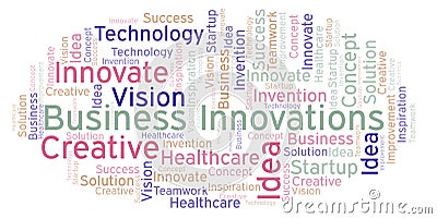 Business Innovations word cloud, made with text only. Stock Photo