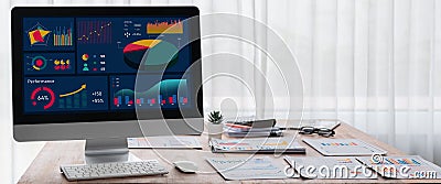 BI power software visualize company data dashboard display on laptop. Scrutinize Stock Photo
