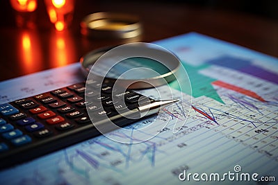 Business intelligence closeup of calculator, magnifying glass, line graph Stock Photo