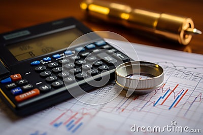 Business intelligence closeup of calculator, magnifying glass, line graph Stock Photo