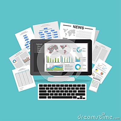 Business intelligence dashboard application. Data visualization on desktop screen Vector Illustration