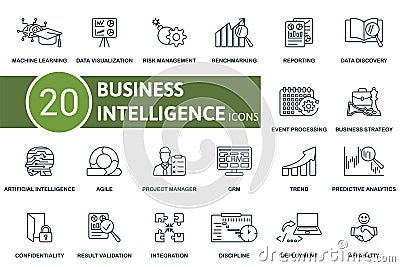 Business Intelligence thin line icon set. Machine Learning, Data Visualization, Risk Management, Benchmarking, Reporting Vector Illustration