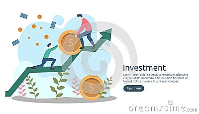 Business investment concept. dollar pile coin, tiny people, money object. graphic chart increase. Financial growth rising up to Vector Illustration