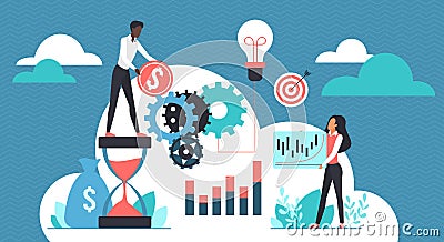 Business investment, corporate development process, tiny investors holding money coins Vector Illustration