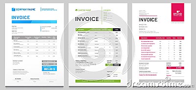 Business invoice form template. Invoicing quotes, money bills or price invoices and payment agreement design templates Vector Illustration