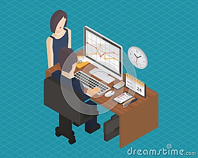 Business isometric 3d workplace. Vector Illustration