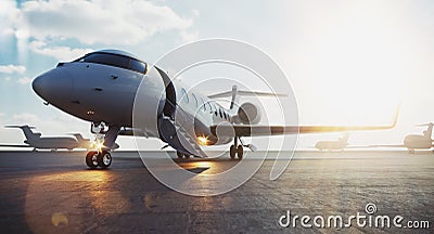 Business jet airplane parked at outside and waiting vip persons. Luxury tourism and business travel transportation Stock Photo