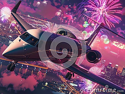 Business Jet Flying High in Sky Amidst Fireworks at New Year Festival, Luxurious Private Jet Soaring Stock Photo