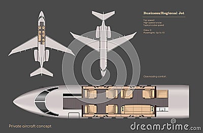 Business jet interior. Private aircraft map. Top view of regional plane. Plane seats scheme. 3d drawing of transport Vector Illustration