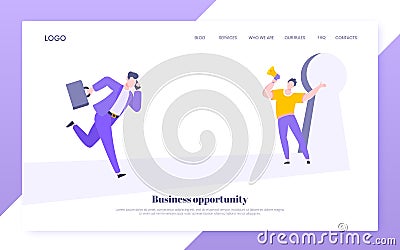 Business key opportunity concept with keyhole and ambitious people running to career potential. Vector Illustration