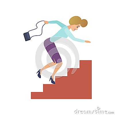 Business lady climbing stairs, female character stumbles and falls Cartoon Illustration