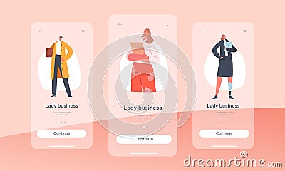 Business Lady Mobile App Page Onboard Screen Template. Diverse Business Women, Confident Female Characters Vector Illustration