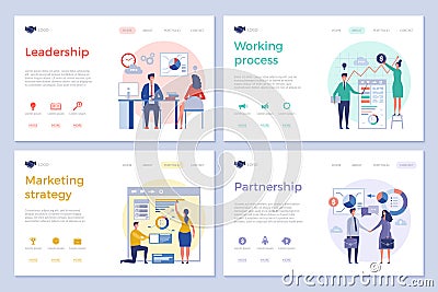 Business landing pages. Web design ui template clean design pictures businessmen office managers directors team work Vector Illustration