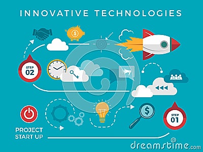 Business launch infographic. Startup project finance and work employees concept with diagram and arrows rocket vector Vector Illustration