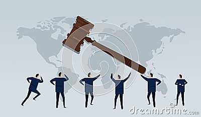 business law international businessman looking for justice regulation hammer and map Vector Illustration