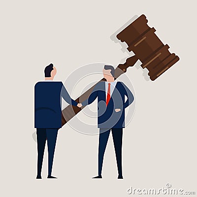 Business law legal contract people agreement standing handshake wearing suite formal with big gavel settlement court Vector Illustration