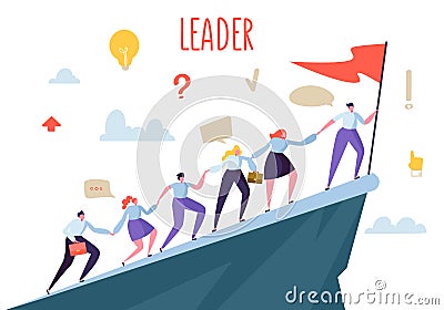 Business Leader Concept. Flat People Characters Climbing Top Peak. Teamwork and Leadership, Businessman with Flag Vector Illustration