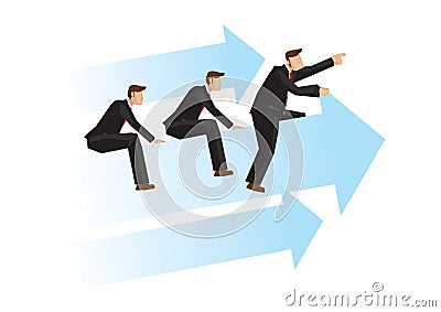 Business leader sits on giant arrow, leading his people to the reach their corporate goal. Concept of business leadership, Vector Illustration