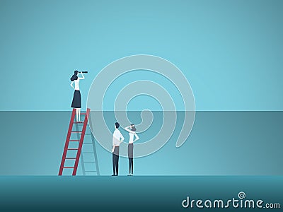 Business leader and visionary vector concept. Business woman standing on top of ladder as leader of team. Symbol of Vector Illustration