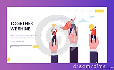 Business Leader Win Challenge Prize Landing Page. Businessman Team Working to Success Digital Trophy. Marketing Teamwork Vector Illustration