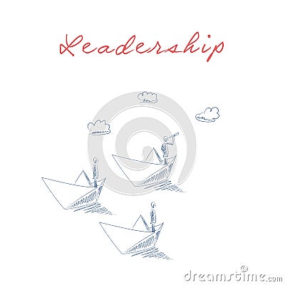 Business leadership concept vector with businessman on paper boat looking through a telescope as a captain. Vector Illustration