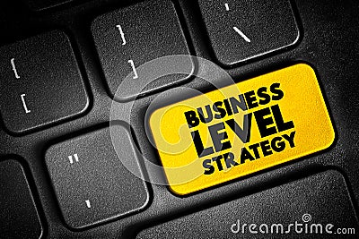 Business Level Strategy - examine how firms compete in a given industry, text button on keyboard, concept background Stock Photo