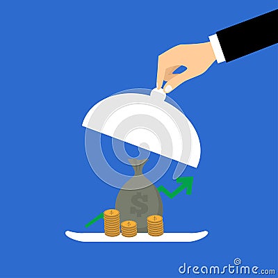 Business life hand opens serve cloche with money concept Stock Photo