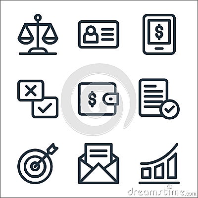 Business line icons. linear set. quality vector line set such as growth chart, email, target, checklist, wallet, checkmark, online Vector Illustration