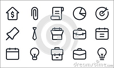Business line icons. linear set. quality vector line set such as idea, bag, date, bag, idea, pin, bag, pie chart, attach Vector Illustration