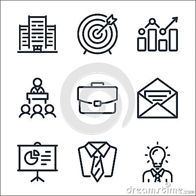 business line icons. linear set. quality vector line set such as idea, tie, presentation, open envelope, briefcase, conference, Vector Illustration