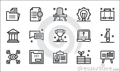 Business line icons. linear set. quality vector line set such as presentation, id card, vision, invest, office material, bank, Vector Illustration