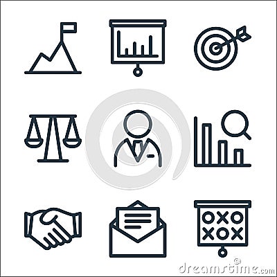 Business line icons. linear set. quality vector line set such as strategy, letter, handshake, analysis, manager, scale, target, Vector Illustration