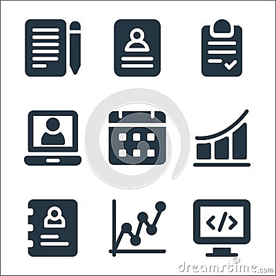 business line icons. linear set. quality vector line set such as web development, growth chart, phonebook, growth chart, calendar Vector Illustration