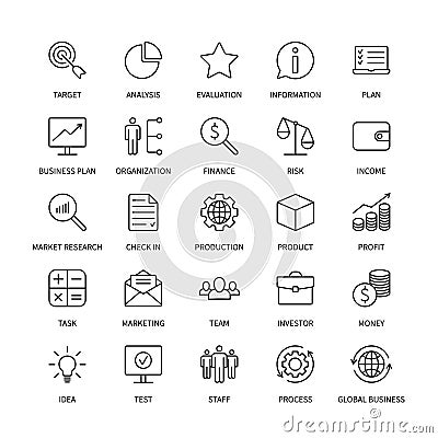 Business line icons organization product money commerce analysis bank contact social media technology logistics search Vector Illustration