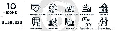 business linear icon set. includes thin line cit card and ticket, man with money gears, euro bills, profit chart, businessman with Vector Illustration