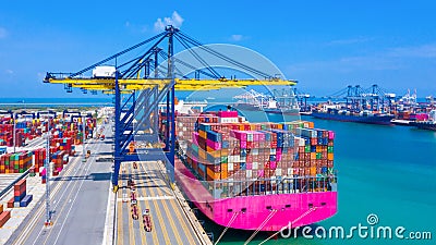 Business logistics import export, Container cargo ship in seaport terminal with blue sky background, Container cargo vessel Editorial Stock Photo