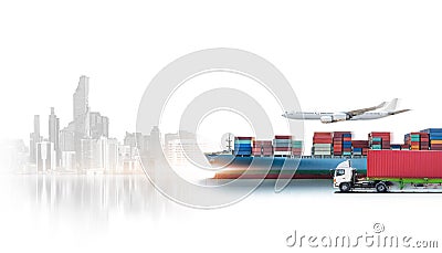 Business logistics and transportation concept of containers cargo freight ship, cargo plane, container truck Stock Photo